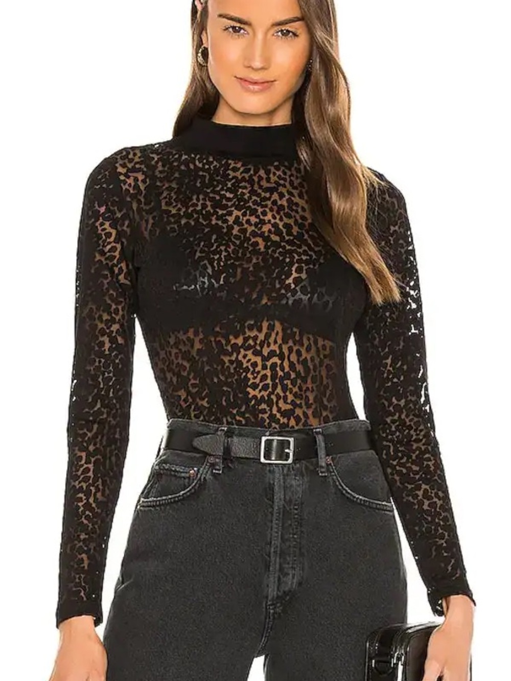 AllSaints Bodysuit Animal Print Leopard Sheer Black Mock Neck Long Sleeve Womens